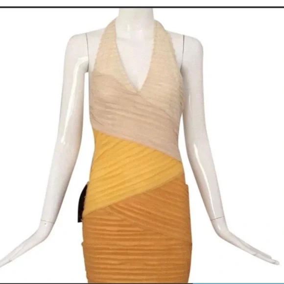 Bebe | Medium, Plunging Deep V Neck, Halter Style, Color Blocking Cocktail Dress - Picture 2 of 10